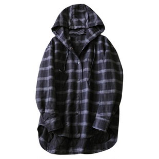 复古格纹连帽衬衫式宽松中长款夹棉2025冬季新款长袖女装外套Q007