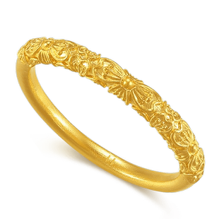 潮宏基传家宝足金戒指黄金素圈指环花纹实心礼物送女友计价