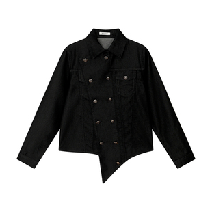 FUNKYFUN 美式正肩不规则下摆洗水薄软牛仔双排扣骑士风衬衫外套