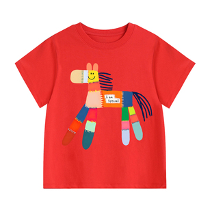 Nyzk红色男童短袖本命年洋气时髦儿童女童新年衣服纯棉打底衫上衣