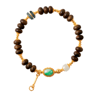 天然沉香算盘珠手链女银镀金手串