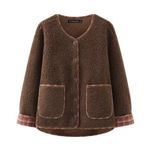 拉夏贝尔/La Chapelle咖色仿羊羔毛短外套女冬季新款宽松夹克上衣