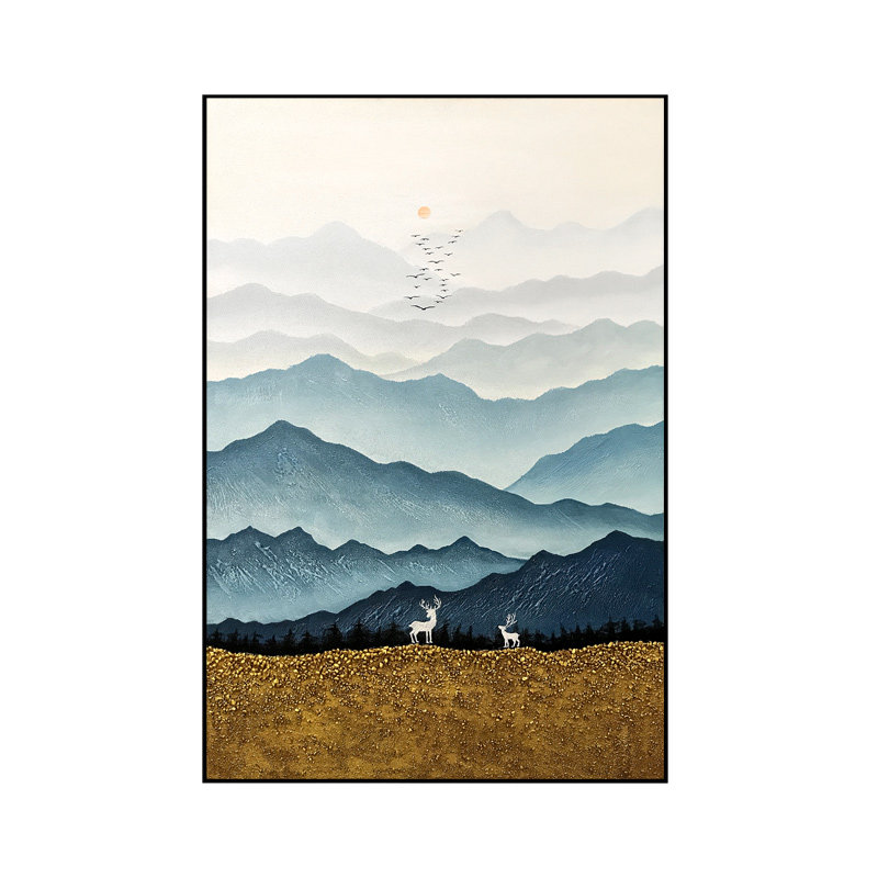 纯手绘客厅横版挂画装饰画新中式