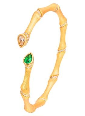 VISING【AGL国际证书】培育祖母绿黄金色拉丝竹节手镯S925可调节