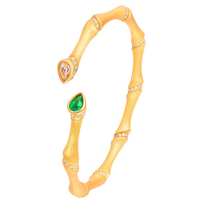 VISING【AGL国际证书】培育祖母绿黄金色拉丝竹节手镯S925可调节