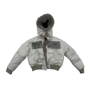 y2k亚文化连帽棉服女款冬季加厚贴布毛毛皮草短款棉衣座山雕外套