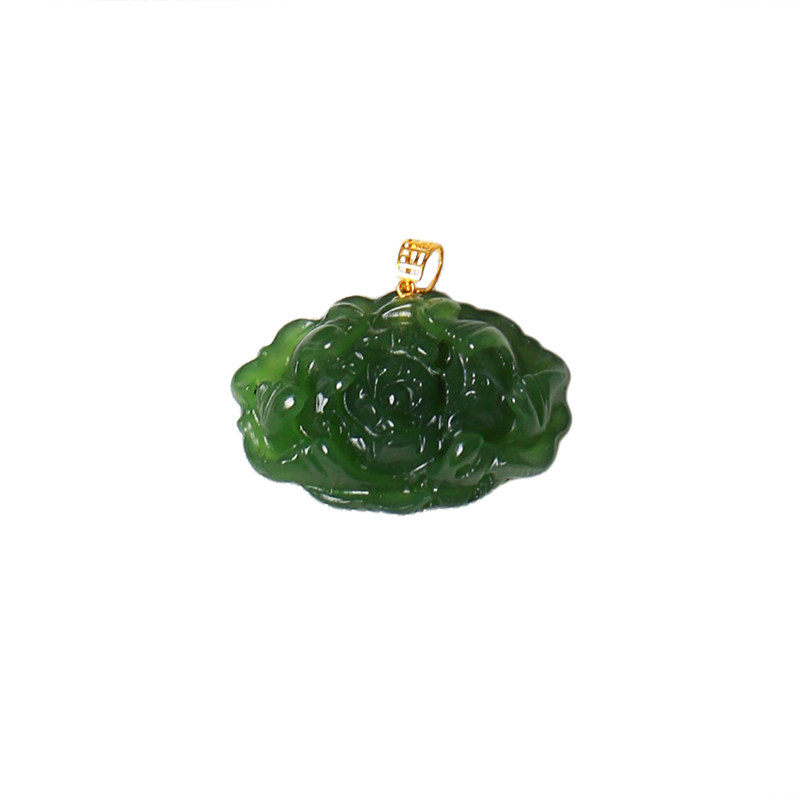 天然俄罗斯碧玉雕刻牡丹花18K金扣头镶嵌吊坠 女款玉石挂坠饰品