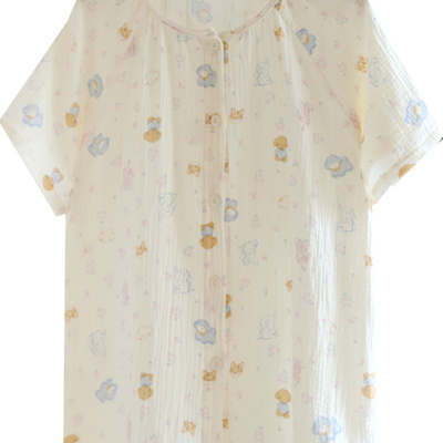 夏季短袖睡衣女纯棉双层棉纱薄款