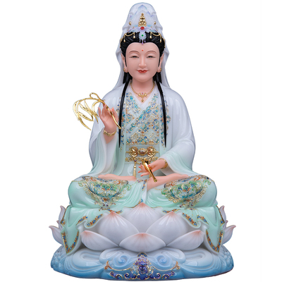 汉白玉天青锦彩三圣佛像摆件