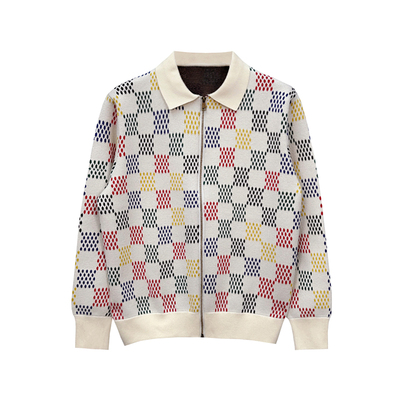 开衫针织衫翻领菱格拼色毛衣外套