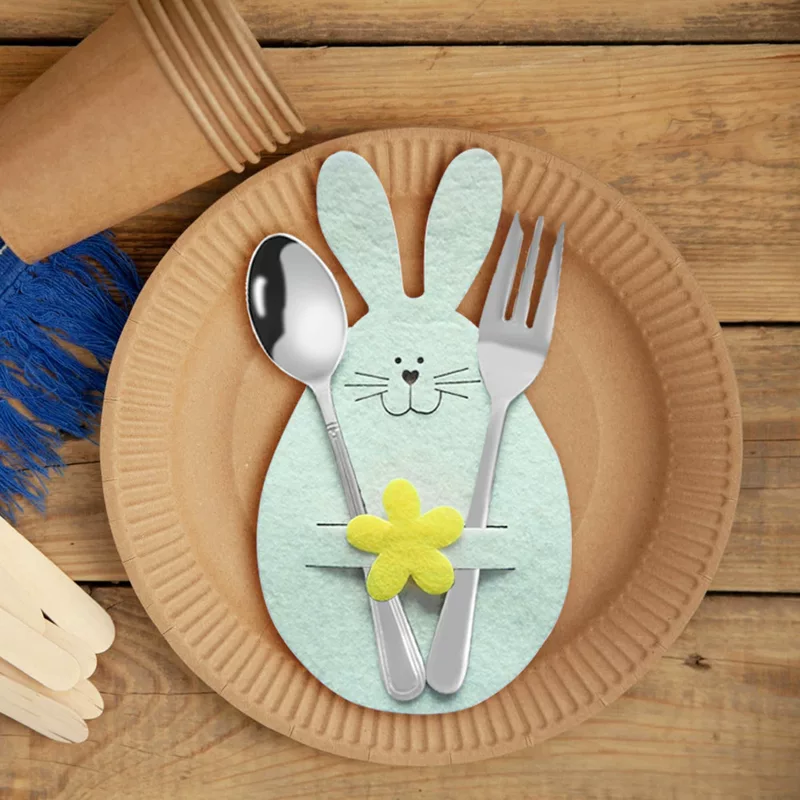 4Pcs Easter Bunny Cutlery Holder Bag Happy Easter Decoration