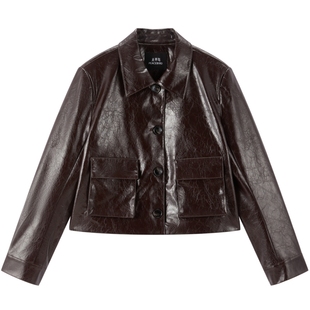 【商场同款】太平鸟短款油蜡皮PU外套女25无花果紫皮衣A1BBF3522