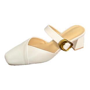 羊皮版dingyun丁允包头粗跟凉拖鞋外穿高跟凉鞋半拖单鞋春夏女鞋