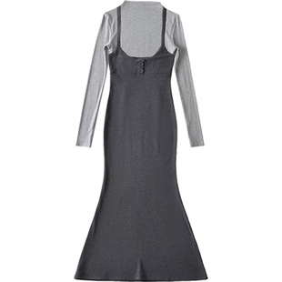 棉洋背带鱼尾裙后妈两件套装纯欲性感包臀吊带裙半高领内搭打底衫