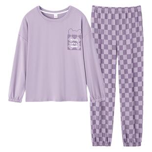 自带胸垫100%纯棉加厚女士睡衣女秋冬季休闲简约圆领舒适家居服套