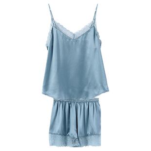 金三塔真丝吊带睡衣两件套女100%桑蚕丝蕾丝内搭家居服套装