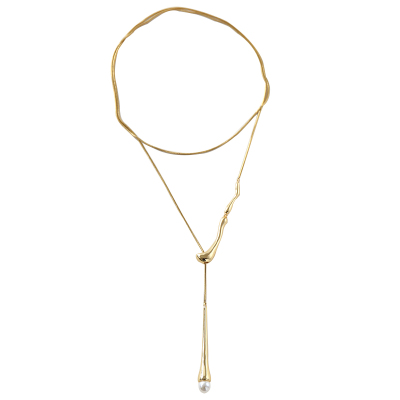 铜镀金仿珍珠法式复古长款项链