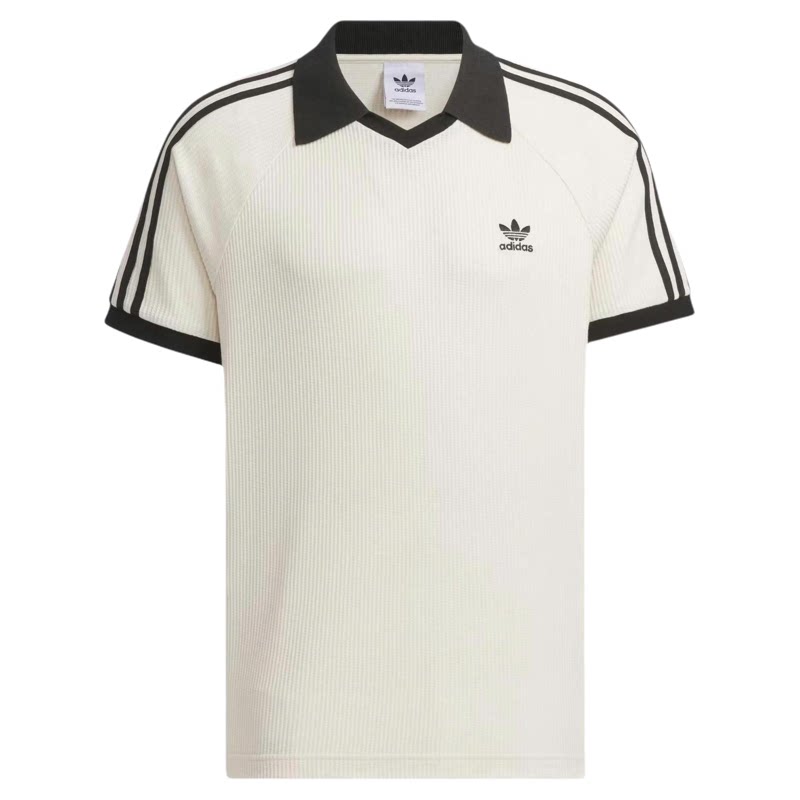 adidas 阿迪达斯三叶草夏季情侣款华夫格条纹Polo衫T恤短袖JV9265