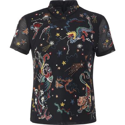 渔牌女装衬衣2024年新款女春夏古典中国龙印花旗袍领上衣FGGA2001