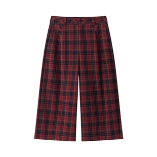 【英伦象限】CHICJOJO休闲裤女25冬新款红色直筒毛呢八分格纹裤