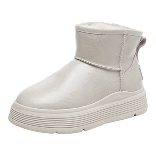 星期六厚底雪地靴女款2025新款冬季加绒加厚皮面防水防滑白色棉鞋