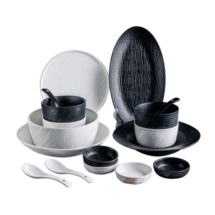 简约陶瓷碗盘碟套装家用岩石纹饭碗汤碗盘子乔迁送礼轻奢餐具套装