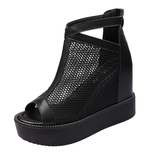 网纱鱼嘴厚底凉鞋女夏季新款坡跟真皮凉靴软底内增高鞋百搭不累脚