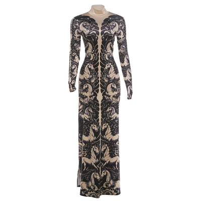 个性复古花臂骏马印花长袖T恤女