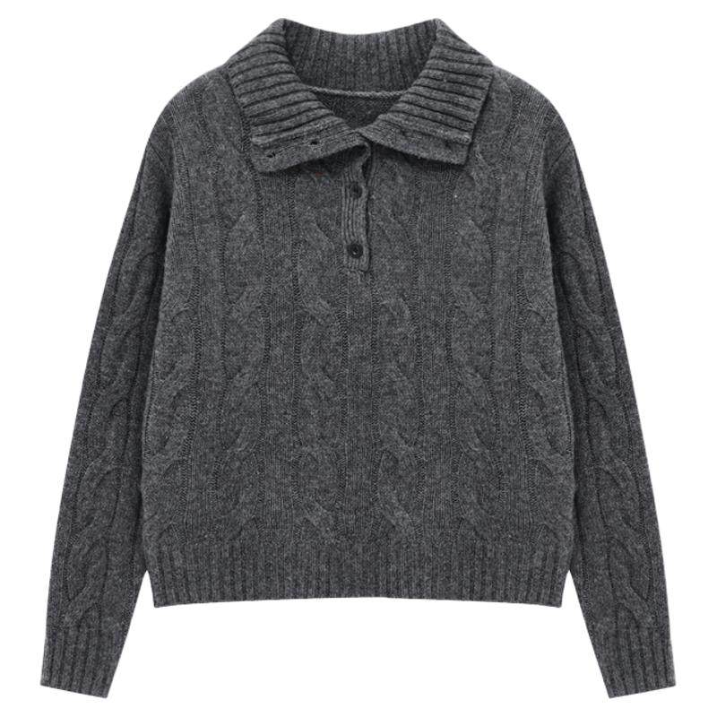 Basic House/百家好polo领纯色绞花保暖毛衣女秋冬百搭简约款上衣