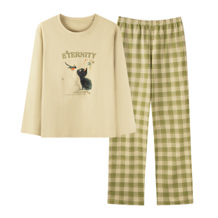 卡之恋秋季睡衣女长袖加厚纯棉带胸垫复古格子裤冬天可外穿家居服