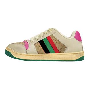 妮士步真皮脏脏鞋百搭复古做旧老花小脏鞋平底休闲运动鞋情侣板鞋