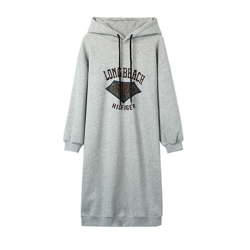 sun柚 字母连帽卫衣裙女春秋冬新款加绒宽松显瘦慵懒中长款连衣裙