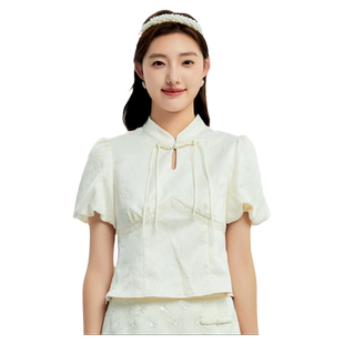轩日2024夏季新中式衬衣女商场款泡泡袖修身流苏盘扣设计感上衣潮