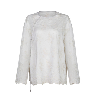 Bettychow 百搭圣品 藕白色中式绣花打底衫真丝刺绣国风上衣