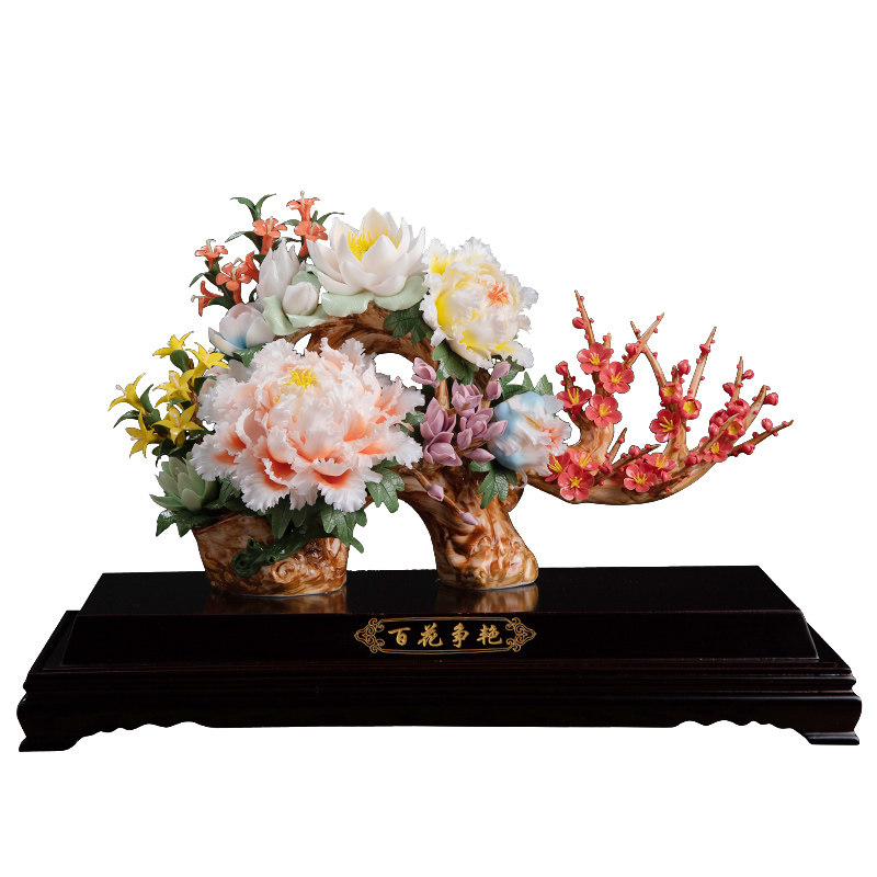 陶瓷百花争艳瓷花摆件定制祝福语