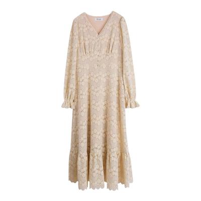 胖mm法式复古V领显瘦蕾丝连衣裙