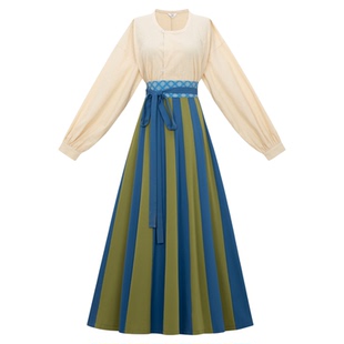 花朝记｜无忧｜唐制汉服元素圆领衫交窬裙蓝绿间色暗纹提花日常风