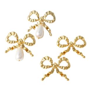 小众复古金色褶皱蝴蝶结耳环女法式高级感人造珍珠耳钉夸张耳饰