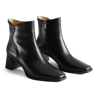 【王小毒】踏歌而行○复古牛皮粗跟瘦瘦靴女增高秀气通勤v口短靴