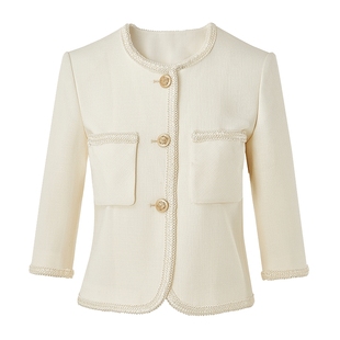 【朗姿Basic衣橱】明星同款法式醋酸小香风白色短外套上衣夏新款