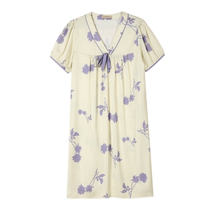 秋鹿仿真丝睡裙夏季女半袖V领简约印花连衣裙中长款南韩丝女裙子