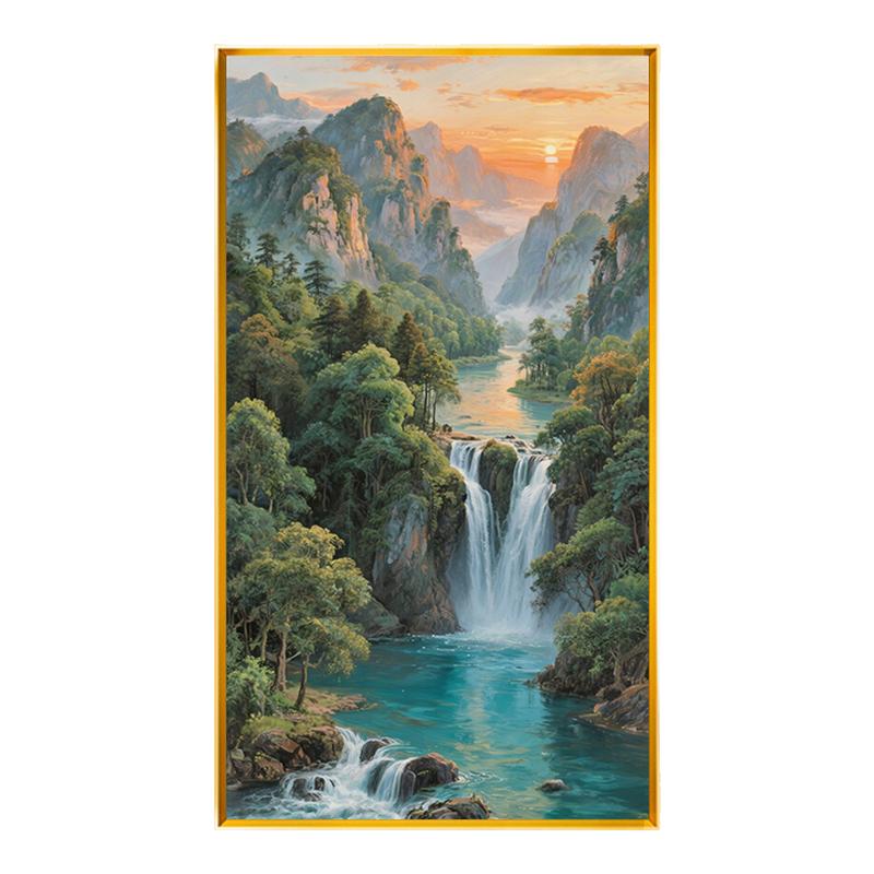 高山流水满绣十字绣新中式玄关入户竖版大件精准印花自己线绣全绣