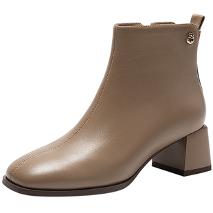 千百度粗高跟弹力袜靴女冬季新款显瘦羊皮时装靴通勤短靴子