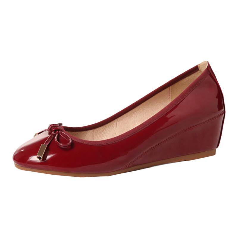 内增高34小码坡跟软底鞋女蝴蝶结真皮酒红色蛋卷单鞋女中跟豆豆鞋