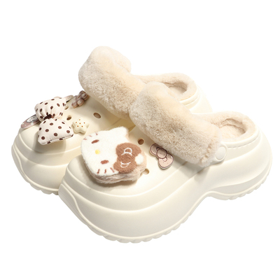 方鱼鹿 小个子增高厚底加绒洞洞鞋女2025冬季百搭可爱包头棉拖鞋