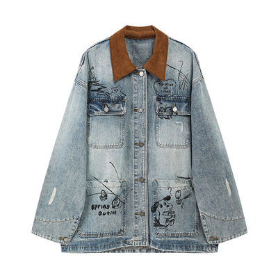 西町村屋牛仔工装外套女2026春新款趣味涂鸦中长款上衣CABA10405