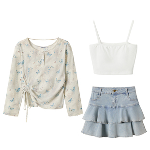 织物猪 西野暮色 蝴蝶印花长袖T恤女夏季薄款防晒衣+牛仔半裙套装