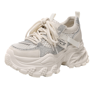 灰色水钻老爹鞋女2026春季新款网面厚底小个子内增高运动休闲女鞋