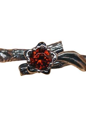 纯银天然石榴石宝石戒指树枝镶嵌