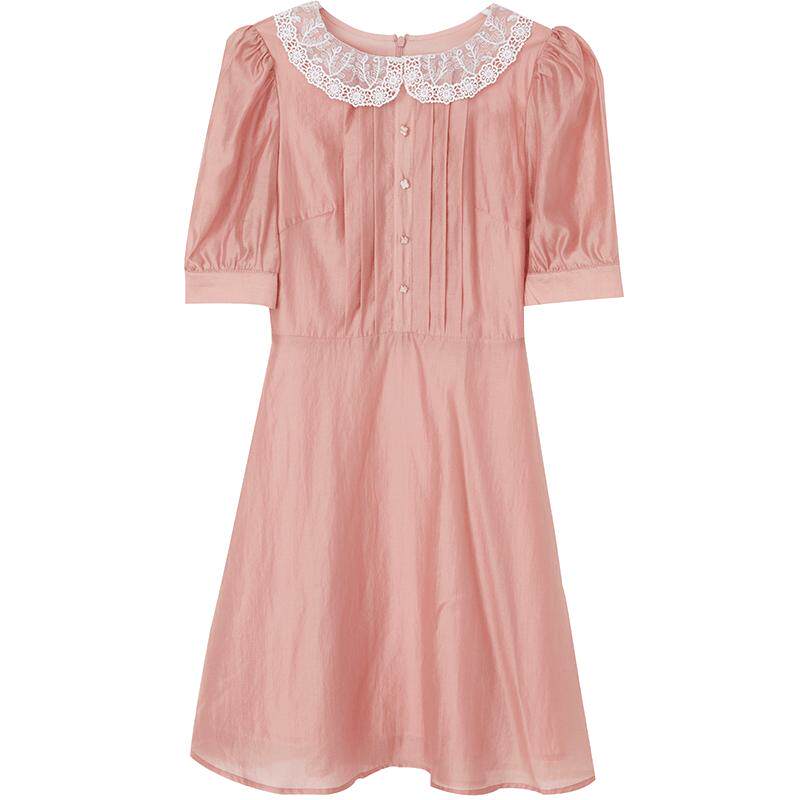 Oece夏装新款女装 少女复古法式蕾丝娃娃领泡泡袖连衣裙